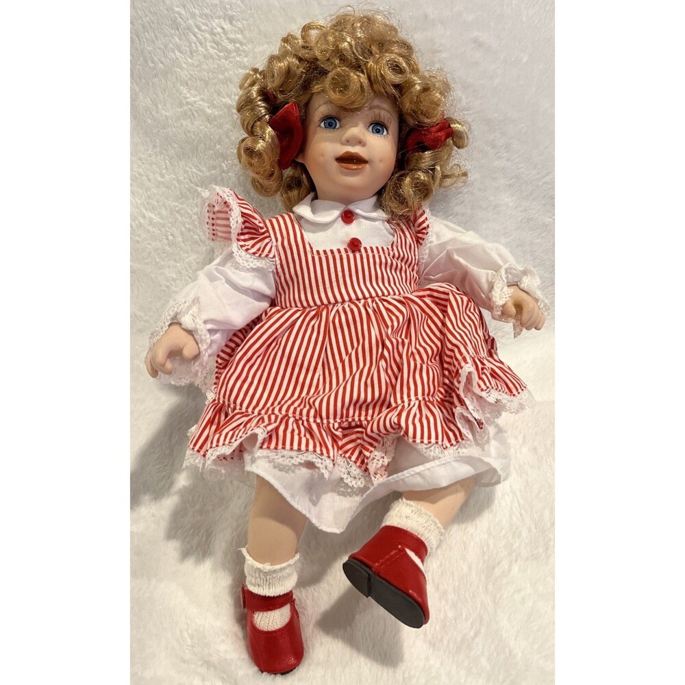 2002 Heritage Collections Porcelain Doll Sitting W/Red Dress Bow 12" Tall